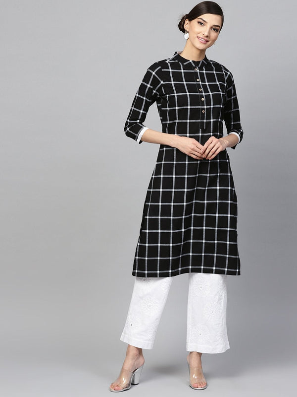 Women's Black Check Straight Kurta - SHAE