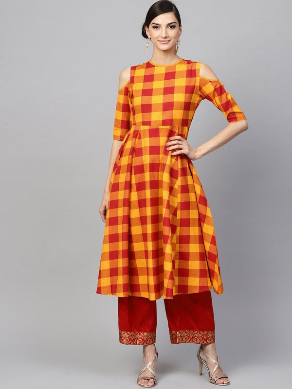 Women's Yellow Check Cold Shoulder Anarkali - SHAE