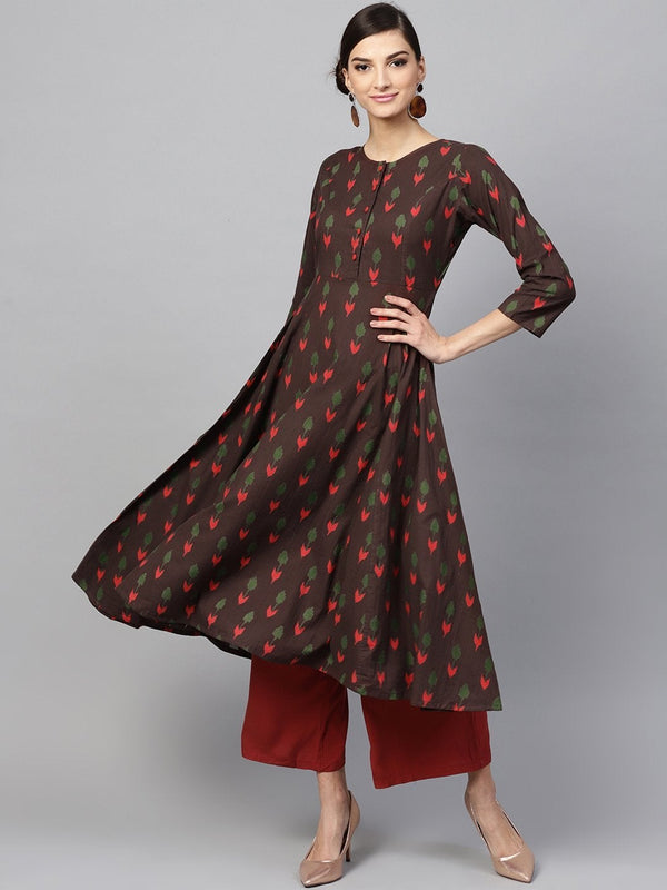 Women's Brown Ikat Anarkali - SHAE