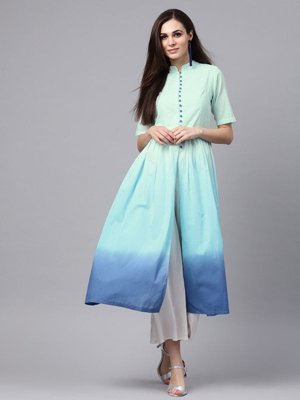 Women's Blue Ombre Front Open Kurta - SHAE