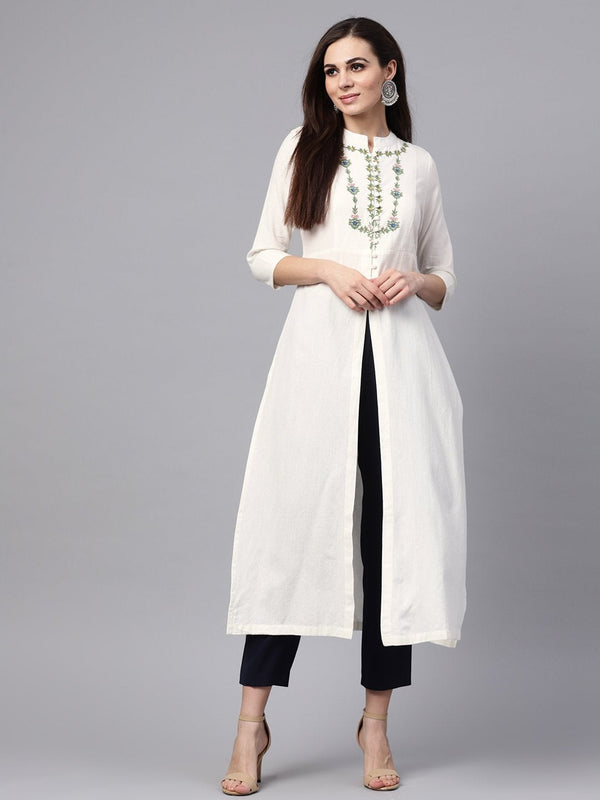 Women's White Yoke Embroidered Kurta - SHAE