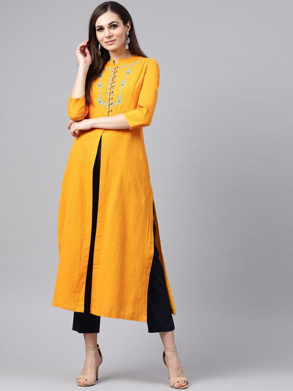 Women's Mustard Yoke Embroidered Kurta - SHAE