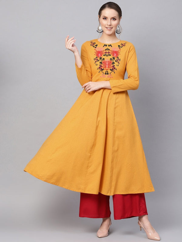 Women's Mustard Yoke Embroidered  Flared Kurta Dress - SHAE