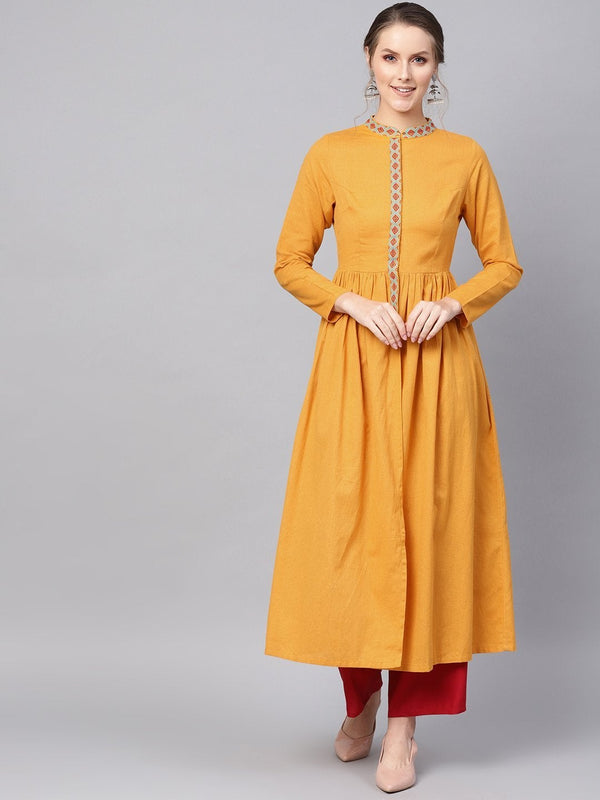 Women's Mustard Embroidered Front Open Kurta - SHAE