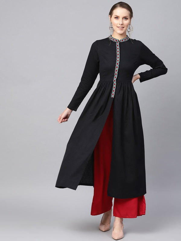 Women's Black Embroidered Front Open Kurta - SHAE