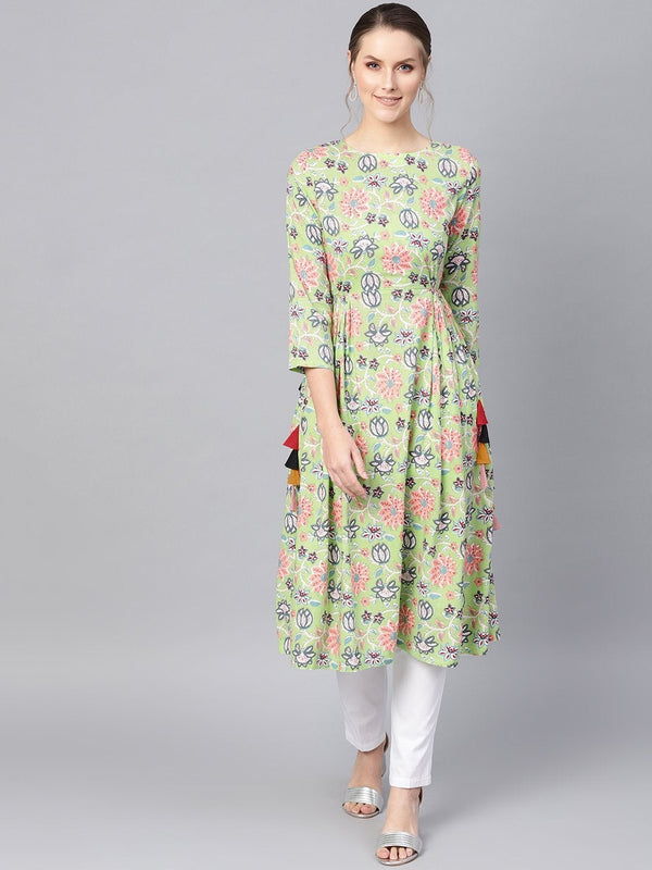 Women's Green Floral Side Tie-Up Kurta Dress - SHAE