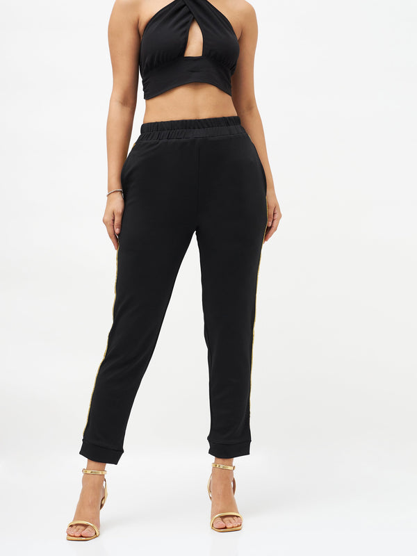 Women's Black Side Tape Detail Jogger Pants - Lyush