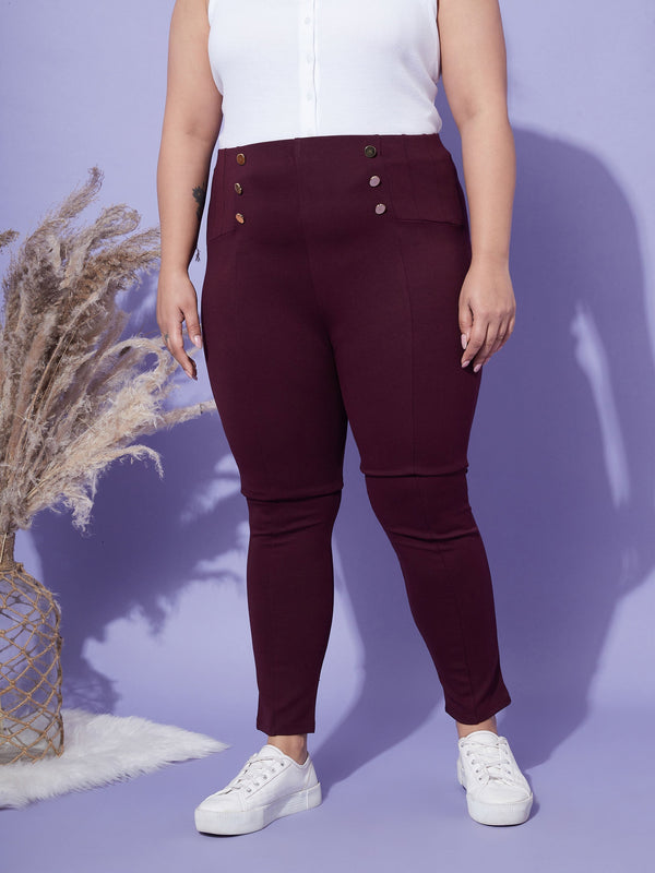 Women's Burgundy Show Button High Waist Jeggings - SASSAFRAS