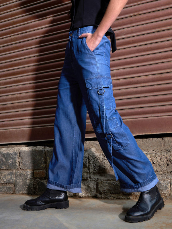 Women's Blue Tencel Cargo Pants - SASSAFRAS