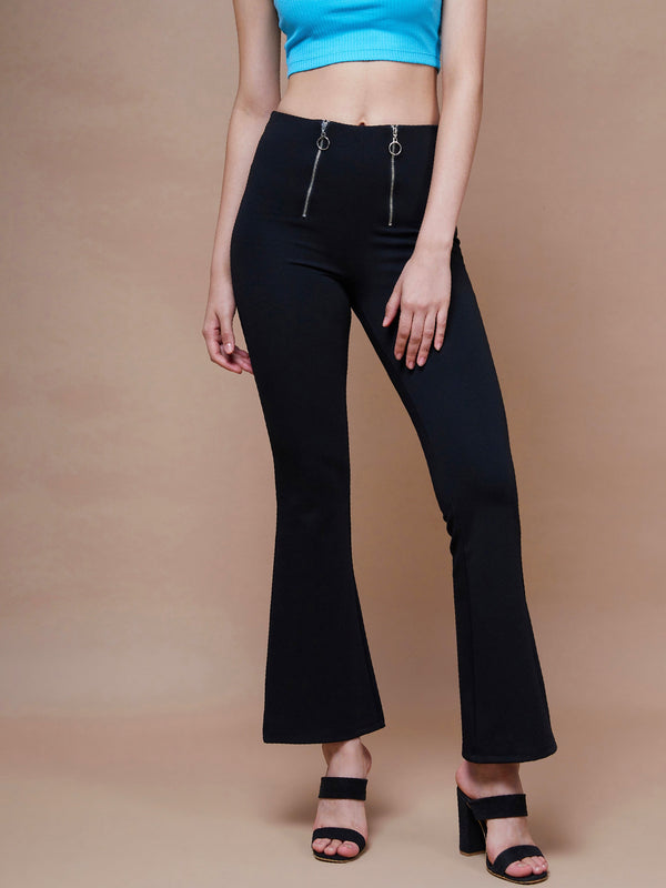 Women's Black Front Zipper Bell Bottom Pants - SASSAFRAS