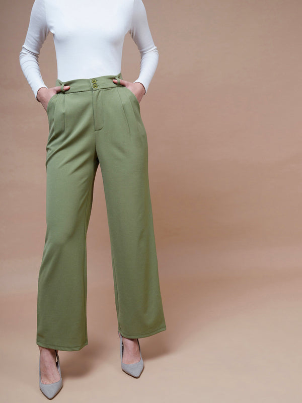 Women's Olive Pleated Straight Stretchable Pants - SASSAFRAS