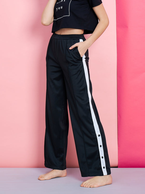 Women's Black Side button Track Pants - SASSAFRAS