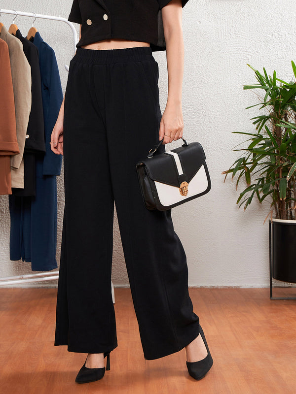 Women's Black Front Darted Palazzo Pants - SASSAFRAS