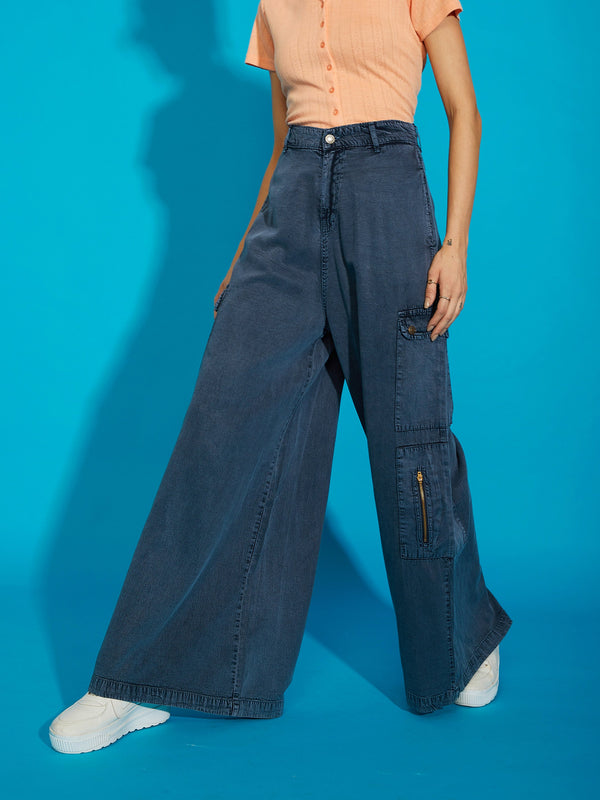 Women's Grey Acid Wash Tencel Wide Leg Pants - SASSAFRAS