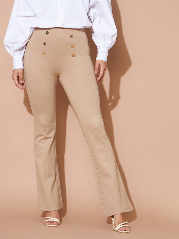 Women's Beige High Waist Gold Show Buttons Pants - Lyush