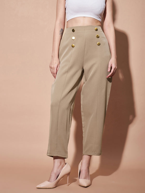 Women's Beige Front Darted Balloon Fit Pants - Lyush