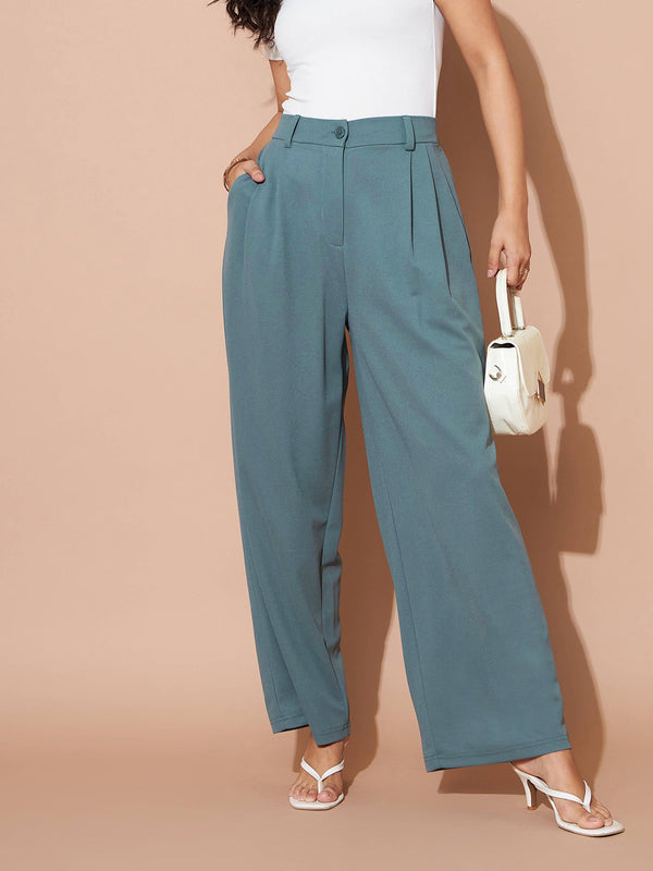 Women's Airforce Blue Pleated Wide Leg Pants - Lyush