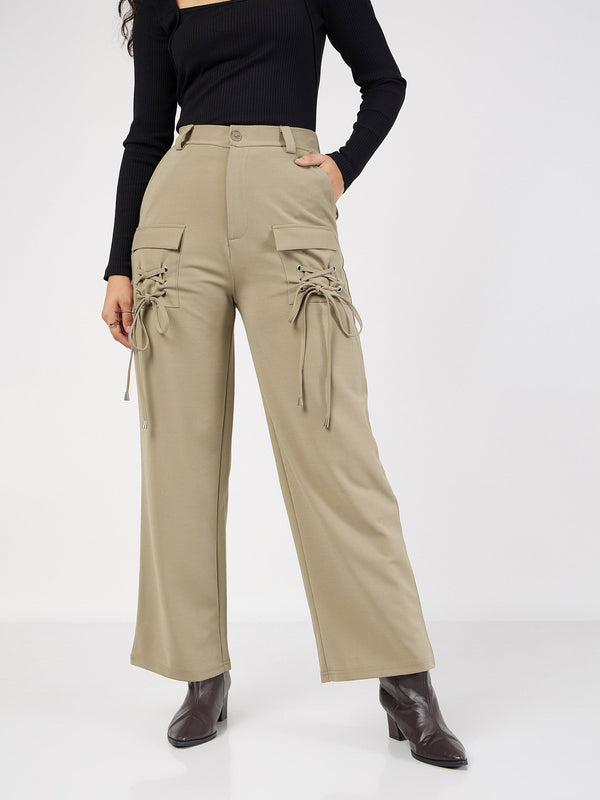 Women's Beige Cris Cross Pocket Detail Cargo Pants - Lyush