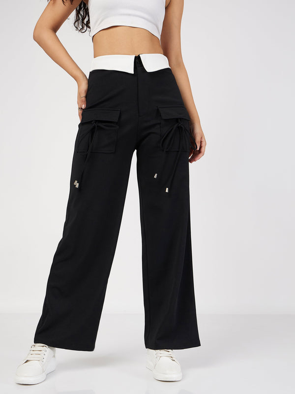 Women's Black Contrast Waistband Cargo Pants - Lyush