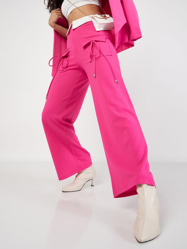 Women's Pink Contrast Waistband Cargo Pants - Lyush