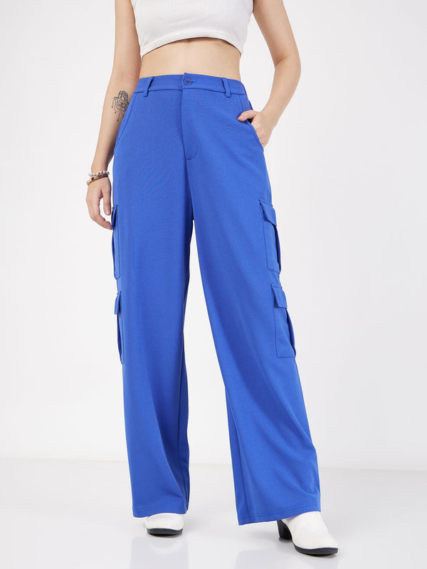 Women's Royal Blue Multi Pocket Detail Cargo Pants - Lyush