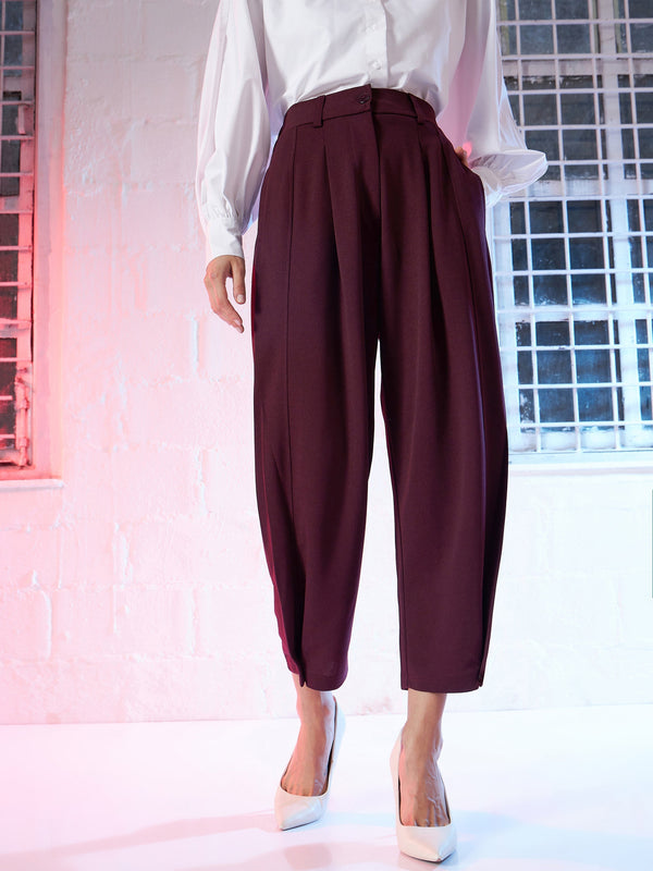 Women's Burgundy Button Hem Darted Balloon Pants - Lyush