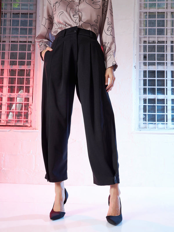 Women's Black Button Hem Darted Balloon Pants - Lyush