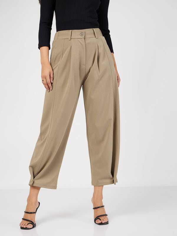 Women's Beige Button Hem Darted Balloon Pants - Lyush