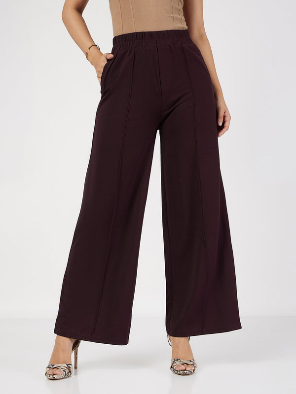 Women's Burgundy Front Dart Palazzo Pants - Lyush