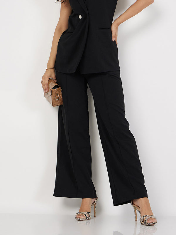 Women's Black Front Dart Palazzo Pants - Lyush