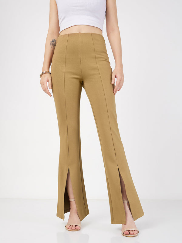 Women's Beige Roma Front Slit Bell Bottom Pants - Lyush