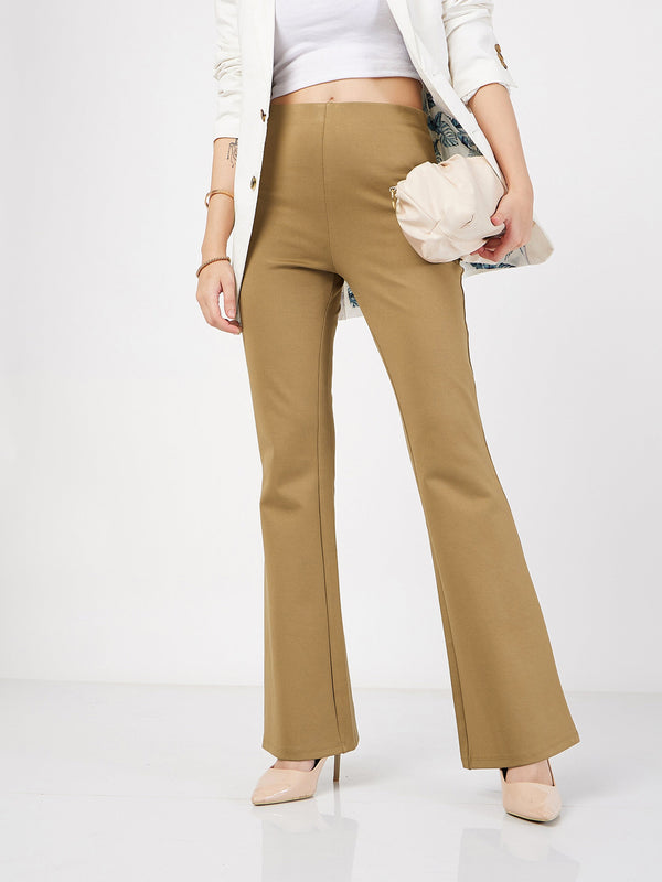 Women's Beige Bell Bottom 4-Way Stretch Pants - Lyush