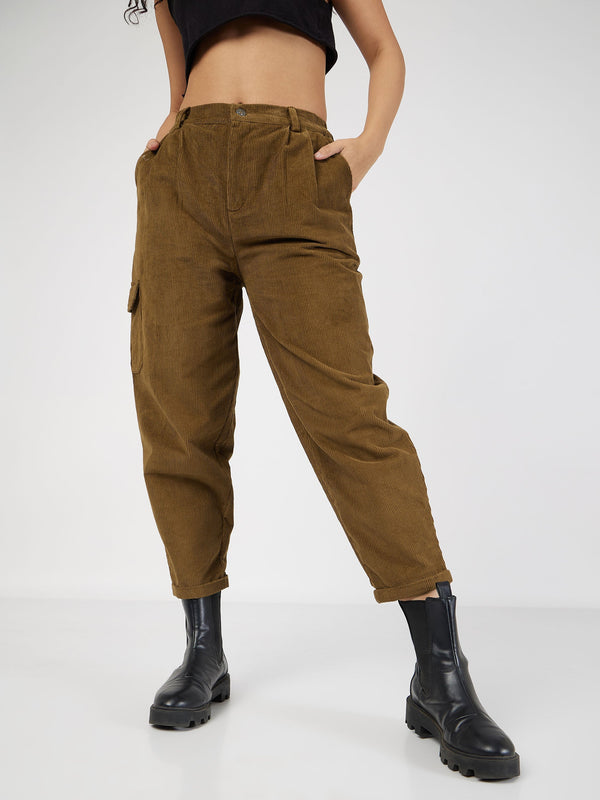 Women's Beige Corduroy Carrot Fit Pants - Lyush