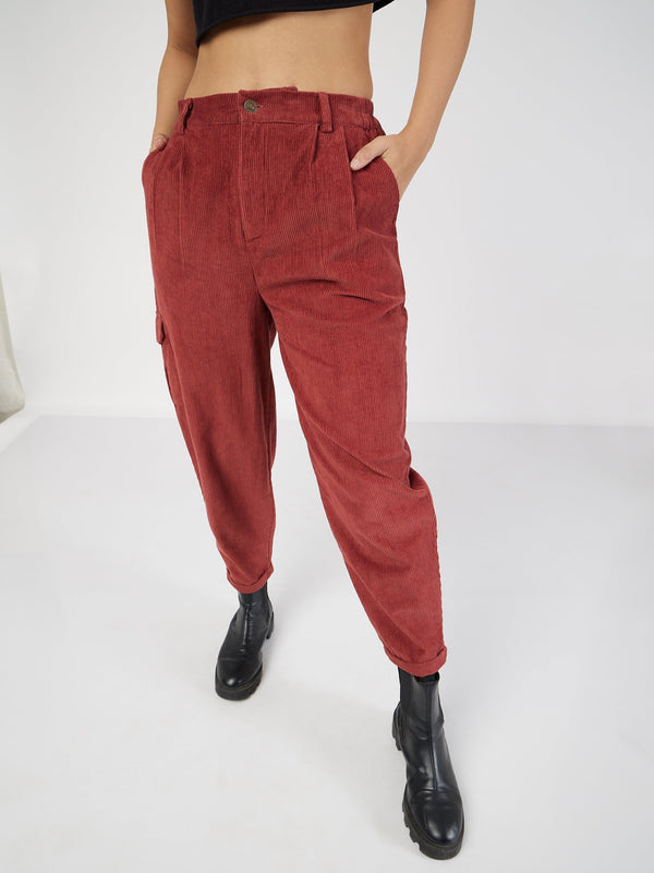 Women's Rust Corduroy Carrot Fit Pants - Lyush