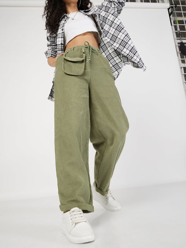 Women's Olive Corduroy Pouch Pocket Drawstring Pants - Lyush