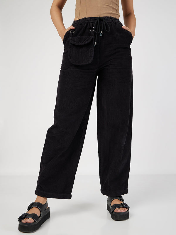 Women's Black Corduroy Pouch Pocket Drawstring Pants - Lyush