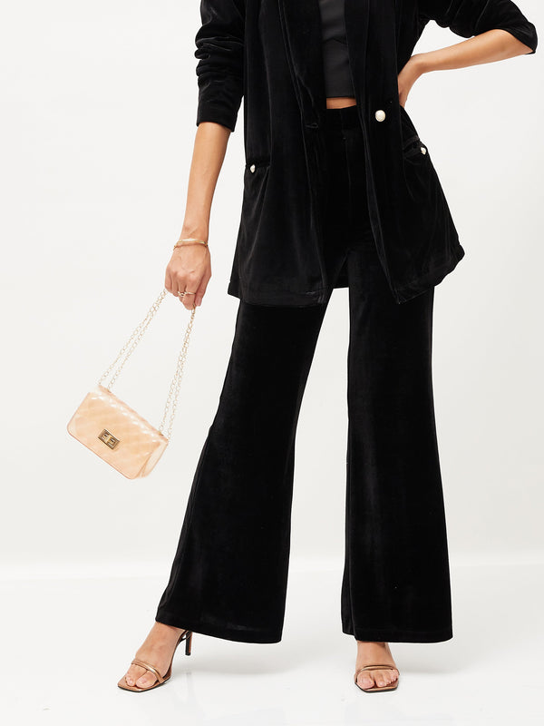 Women's Black Velvet Bell Bottom Pants - Lyush