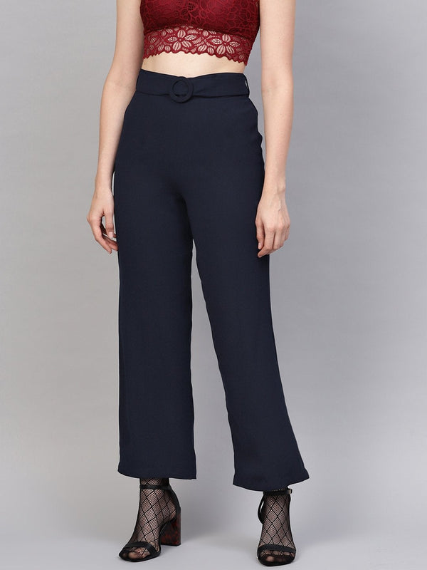 Women's Navy Flared Buckle Belted Pant - SASSAFRAS