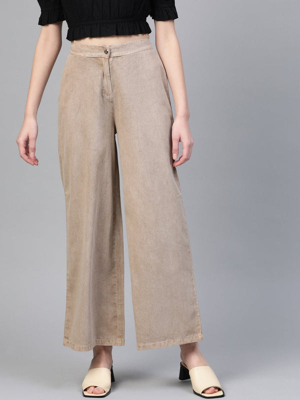 Women's Beige Denim Flared Pant - SASSAFRAS