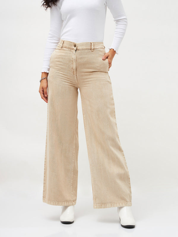 Women's Beige Denim Flared Pants - Lyush