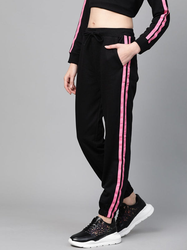 Women's Black Terry Contrast Side Tape Jogger - SASSAFRAS