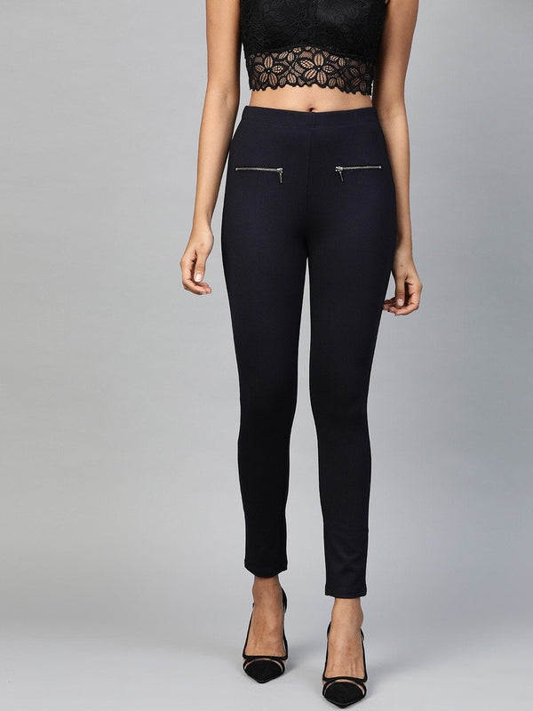 Women's Navy Pocket Chain Detail Jeggings - SASSAFRAS