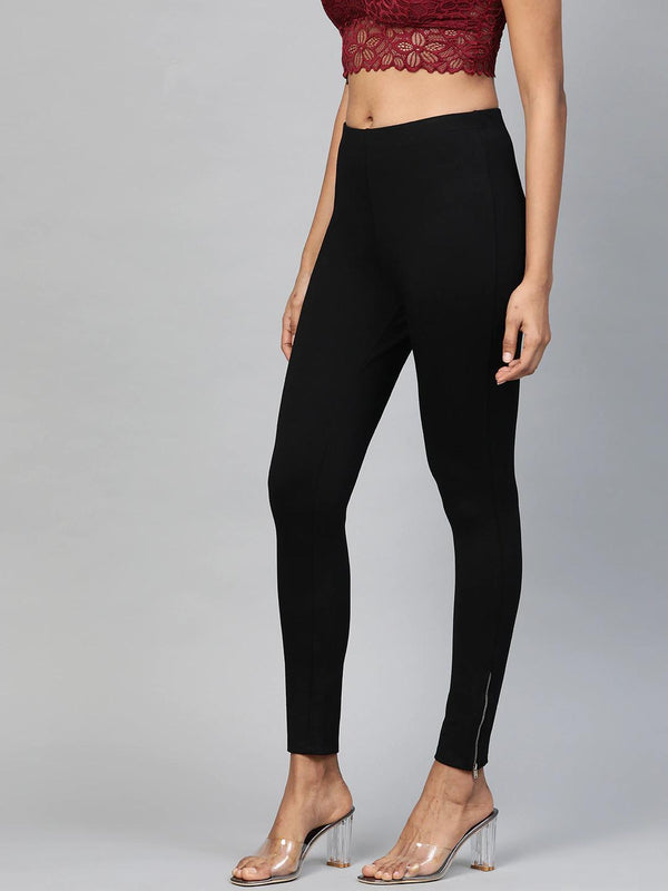 Women's Black Zipper-At-Hem Jeggings - SASSAFRAS