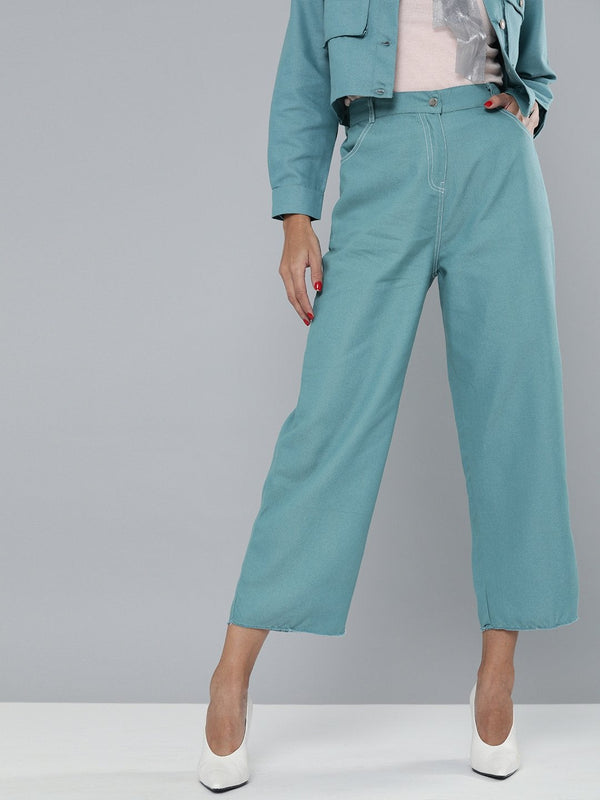 Women's Sea Green Denim Contrast Stitch Wide Pants - SASSAFRAS