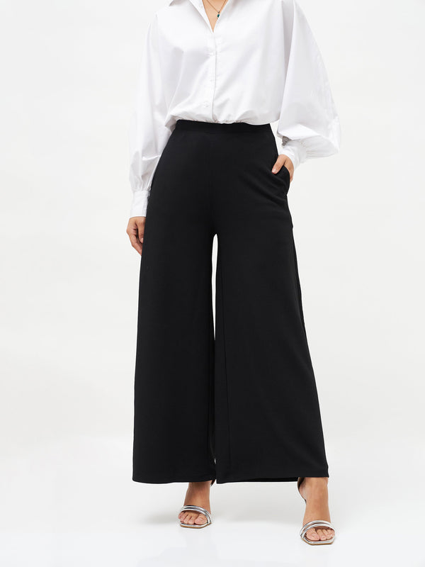 Women's Black Scuba Wide Leg Pants - Lyush