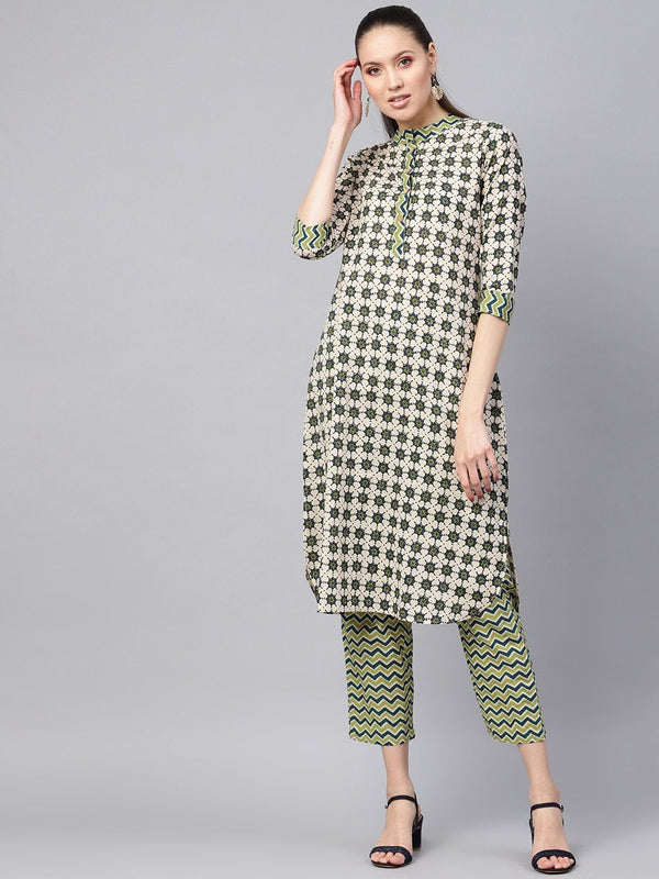 Women's Olive Floral Kurta With Olive Chevron Pants - SHAE