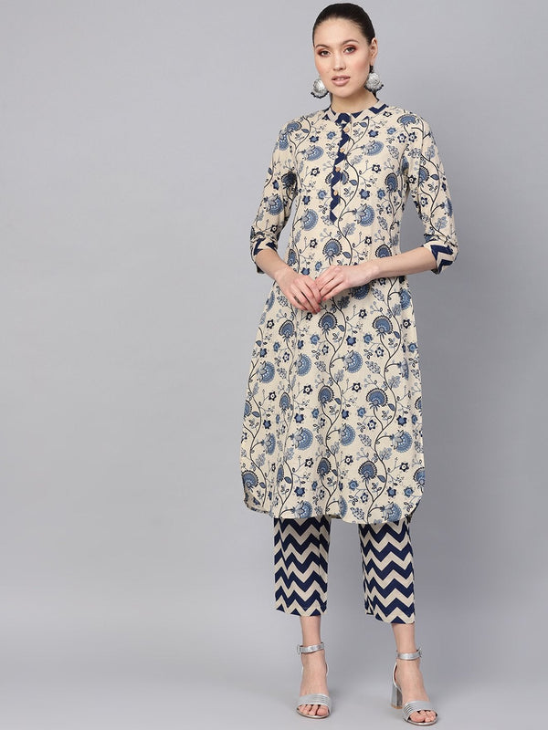 Women's Navy Paisley Kurta With Navy Chevron Pants - SHAE