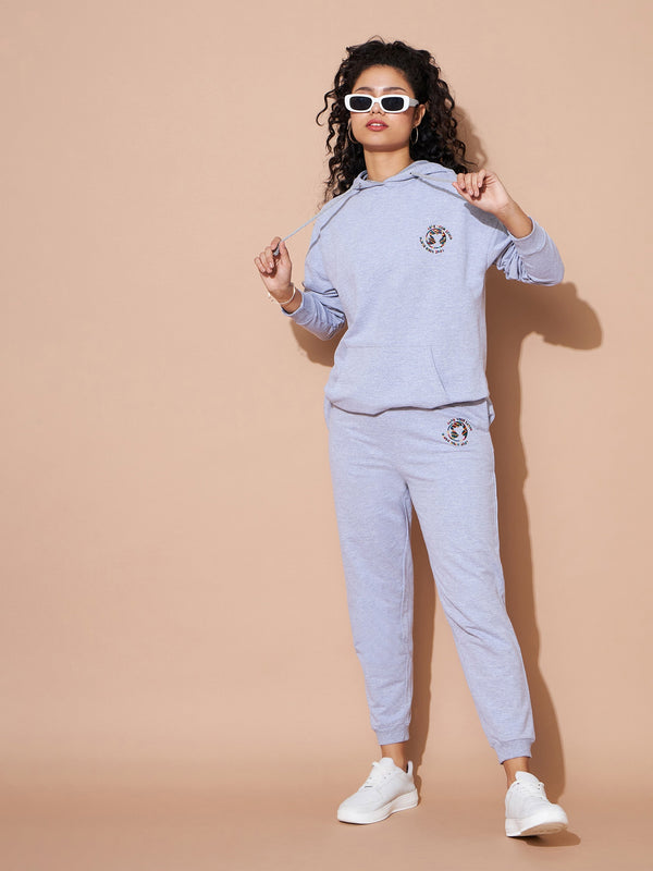 Women's Grey Embroidered Oversized Hoodie With Track Pants - Lyush