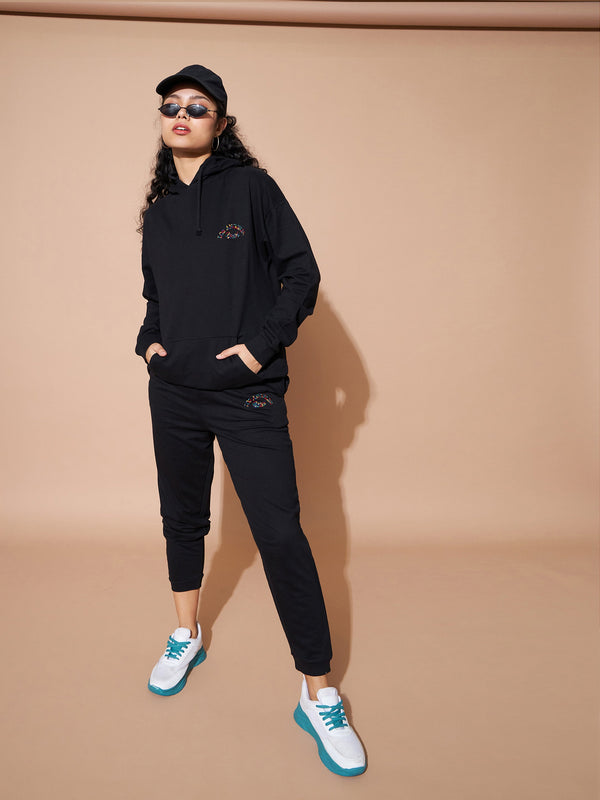 Women's Black Embroidered Oversized Hoodie With Track Pants - Lyush