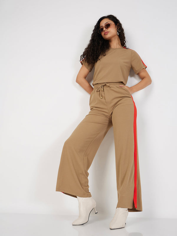 Women's Beige Contrast Tape T-Shirt With Track Pants - Lyush